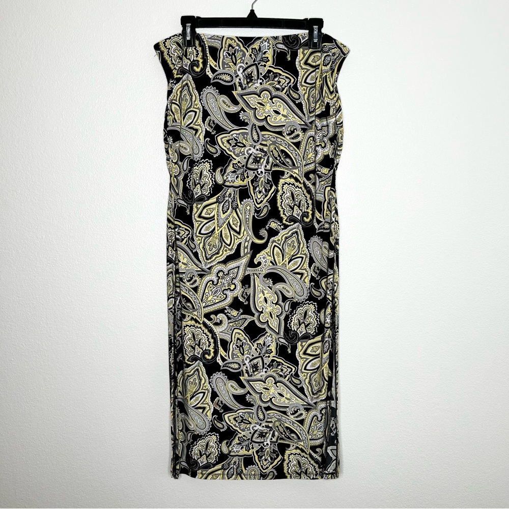 INC Womens Black & Yellow Paisley Print Pull On Jersey Maxi Skirt Size L